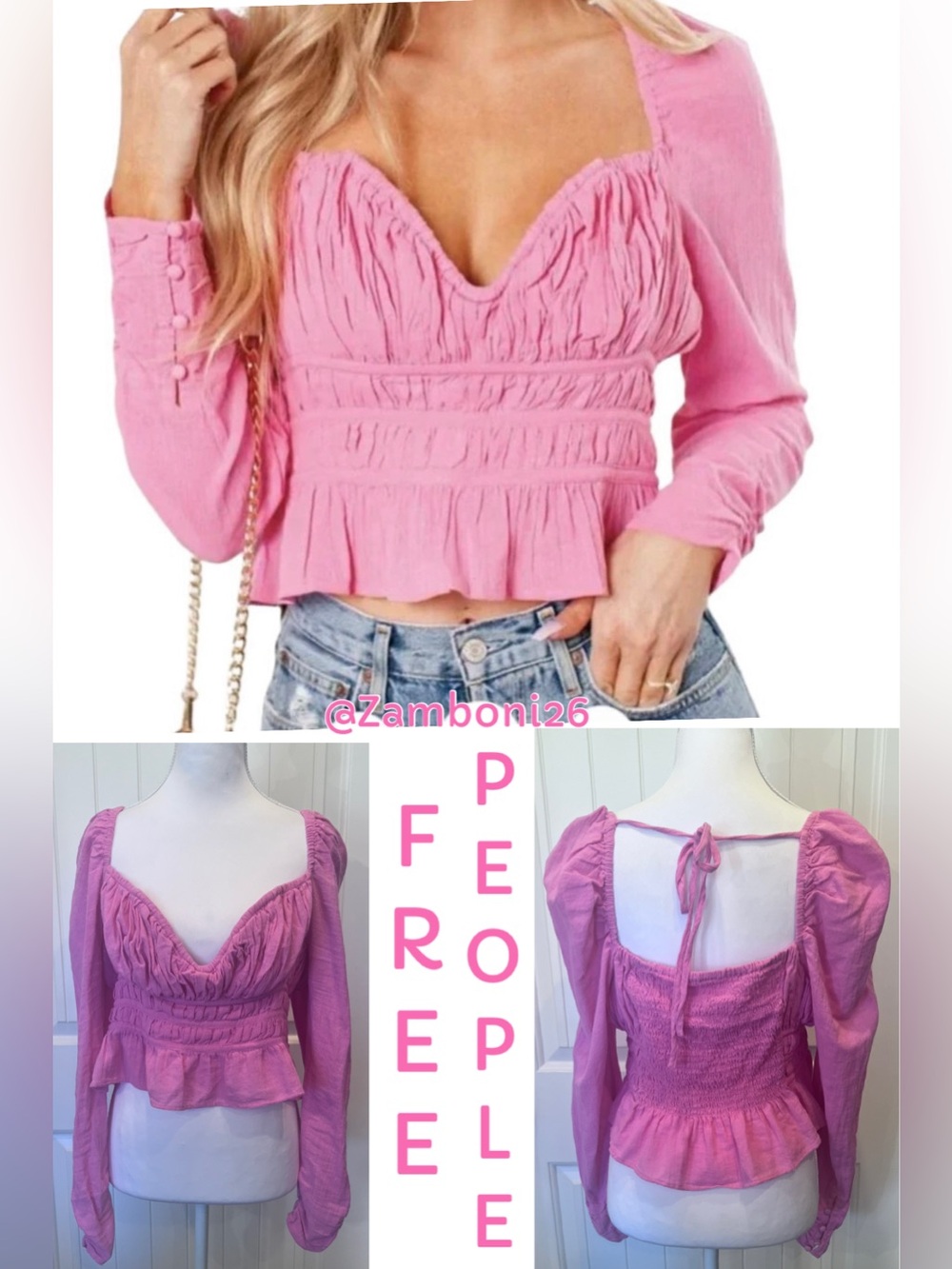 Free People Chloe Aurora Pink Ruched Sweetheart Peplum Long Sleeve Top Medium